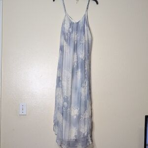 Cobblestone Italian 100% Silk maxi Flowy Blue White Floral Dress Size L/XL New